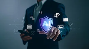 Downloaded AI security concept, businessman protecting digital data using artificial intelligence, cybersecurity shield and representing data protection,privacy, risk management and enterprise security solution