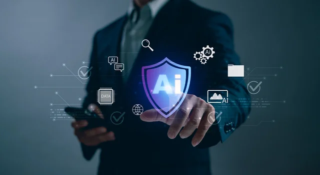 Downloaded AI security concept, businessman protecting digital data using artificial intelligence, cybersecurity shield and representing data protection,privacy, risk management and enterprise security solution