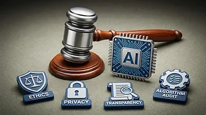 Gavel beside artificial intelligence chip with ethics, privacy, transparency, and algorithm audit symbols expressing responsible technology governance and digital accountability