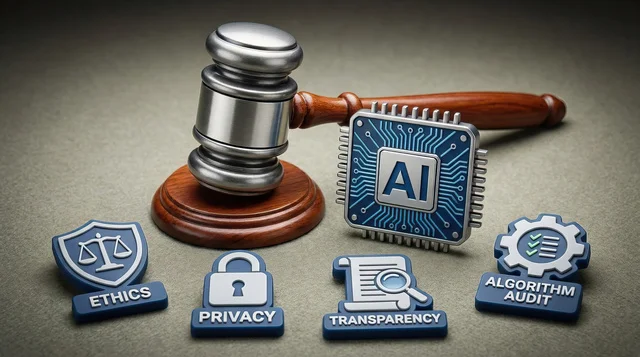 Gavel beside artificial intelligence chip with ethics, privacy, transparency, and algorithm audit symbols expressing responsible technology governance and digital accountability
